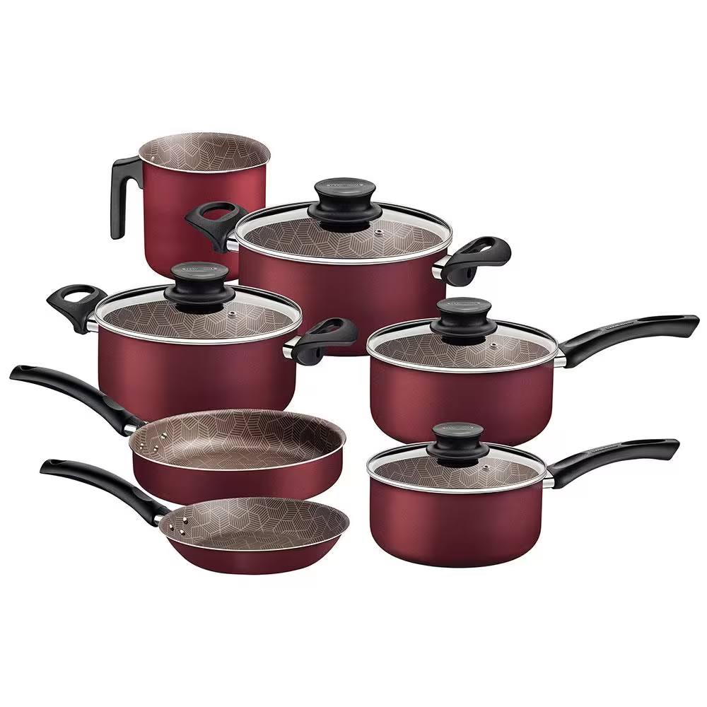 Conjunto de Panelas 7 Peças Tramontina Paris com Antiaderente Starflon Max e Tampas de Vidro com Saída de Vapor Cereja - Alta Performance