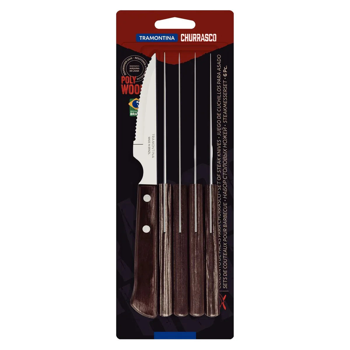 Conjunto de Facas para Churrasco Tramontina com Lâminas em Aço Inox e Cabos de Madeira Tratada Polywood Castanho 6 Peças - Completo