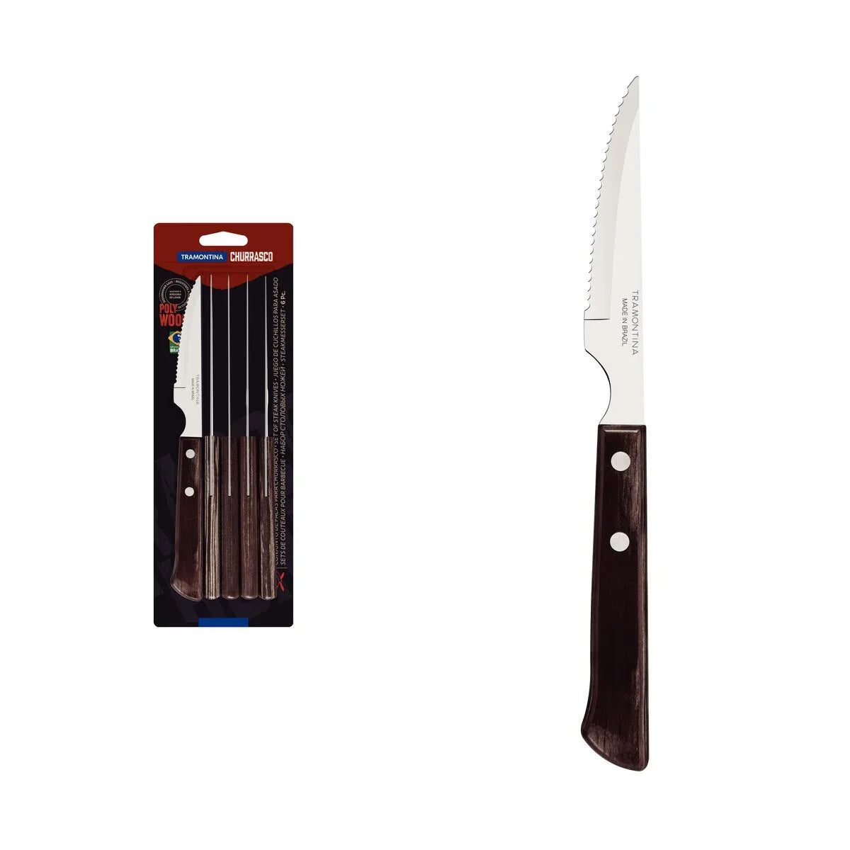 Conjunto de Facas para Churrasco Tramontina com Lâminas em Aço Inox e Cabos de Madeira Tratada Polywood Castanho 6 Peças - Completo