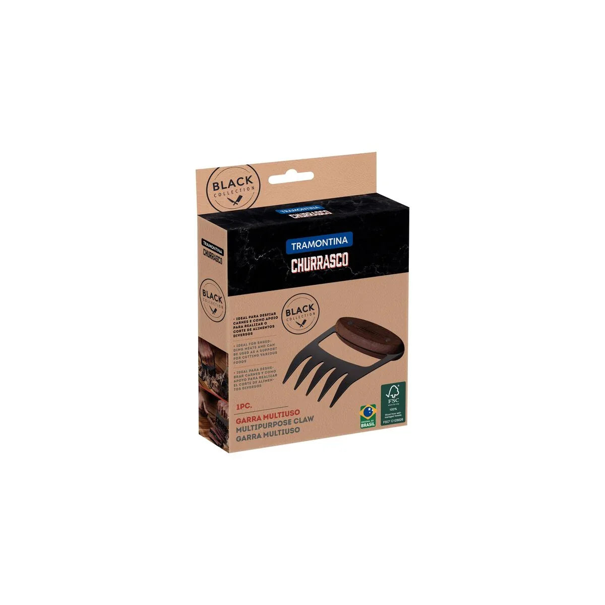 Garra Multiuso Tramontina Churrasco Black com Lâmina em Aço Inox Escurecido e Cabo de Madeira - Alta Performance