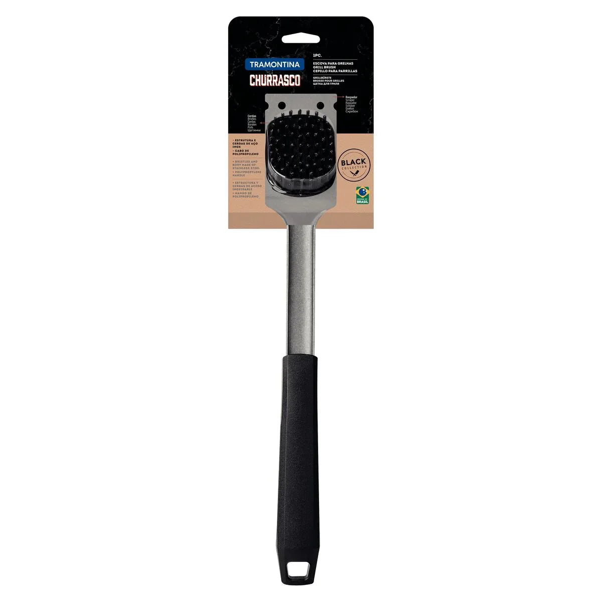 Escova para Grelhas Tramontina Churrasco Black em Aço Inox e Cabo de Polipropileno Preto com Raspador - Versátil