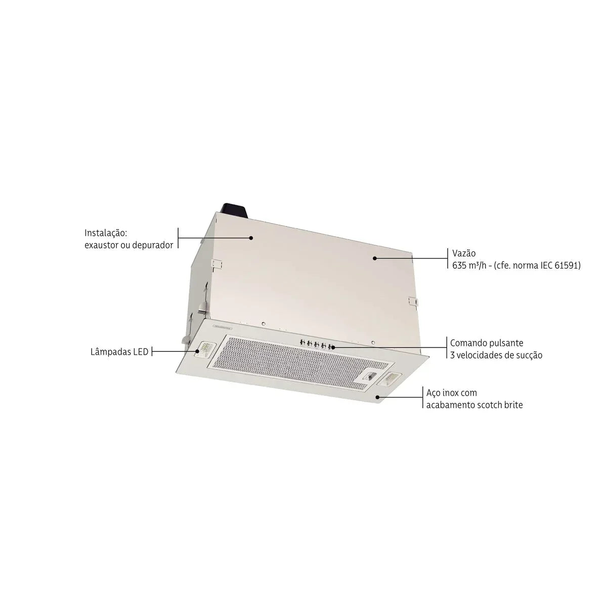 Coifa de Embutir Tramontina Incasso 51 em Aço Inox com Acabamento Scotch Brite 51 cm 127 V - Versátil