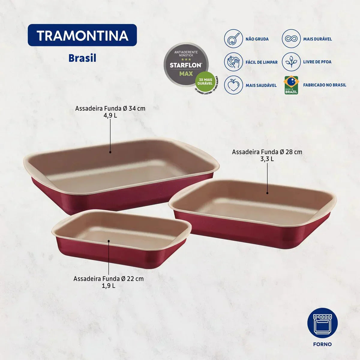 Jogo de Assadeiras Tramontina Brasil em Alumínio com Revestimento Antiaderente Starflon Max Vermelho 3 Peças - Moderno
