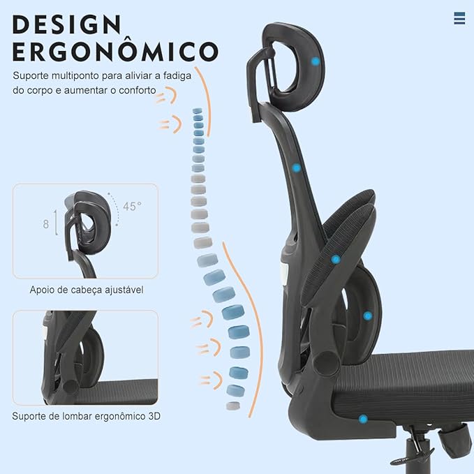 Cadeira de escritório design ergonômico com suporte lombar independente malha respirável e encosto de cabeça ajustável - Elegante