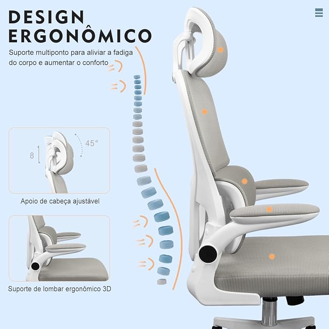 Cadeira de escritório design ergonômico com suporte lombar independente malha respirável e encosto de cabeça ajustável - Elegante