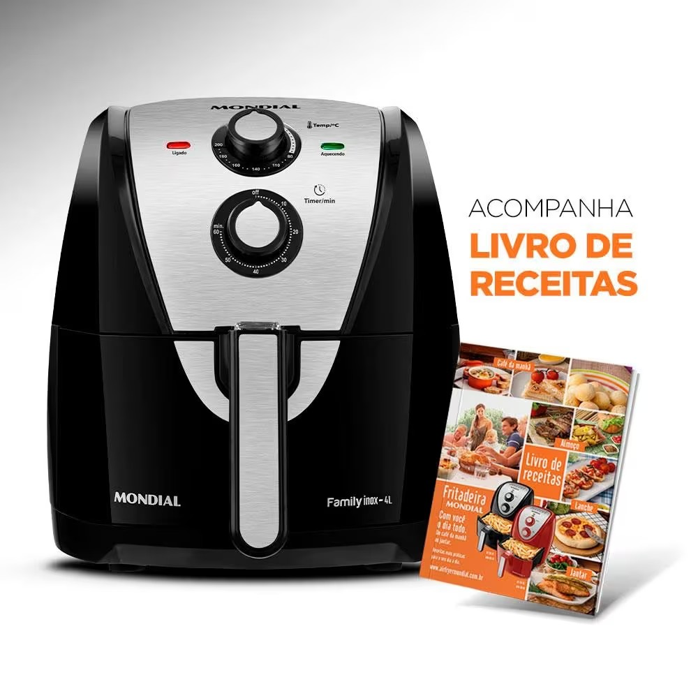 Fritadeira Elétrica Sem Óleo Air Fryer Mondial AFN40BI Family Inox 4L Preta/Inox - Eficiente