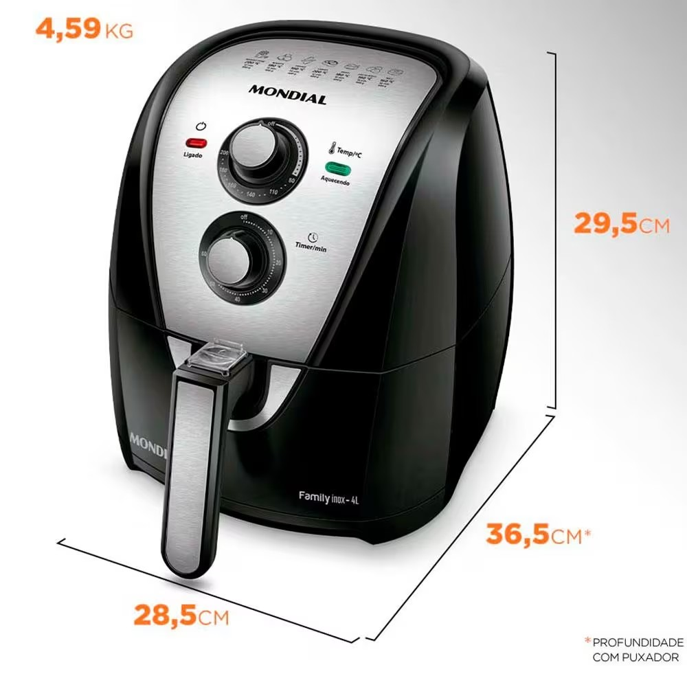 Fritadeira Elétrica Sem Óleo Air Fryer Mondial AFN40BI Family Inox 4L Preta/Inox - Eficiente