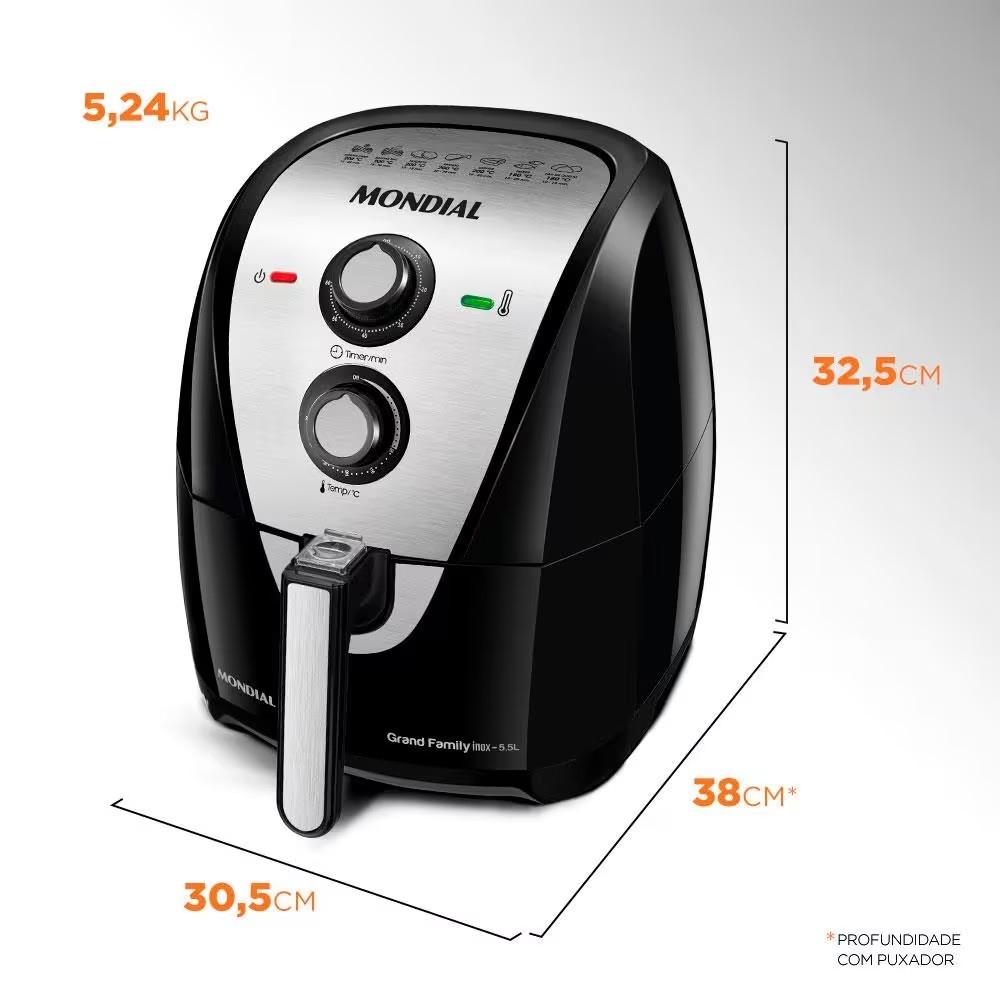 Fritadeira Elétrica Sem Óleo Air Fryer Mondial Grand Family AF 55I 5 5L – Preta/Inox - Elegante