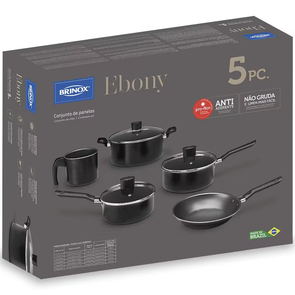 Conjunto de Panelas 5 Peças Brinox Ebony em Alumínio com Revestimento Antiaderente Pro Flon e Tampa de Vidro Temperado Preto - Premium