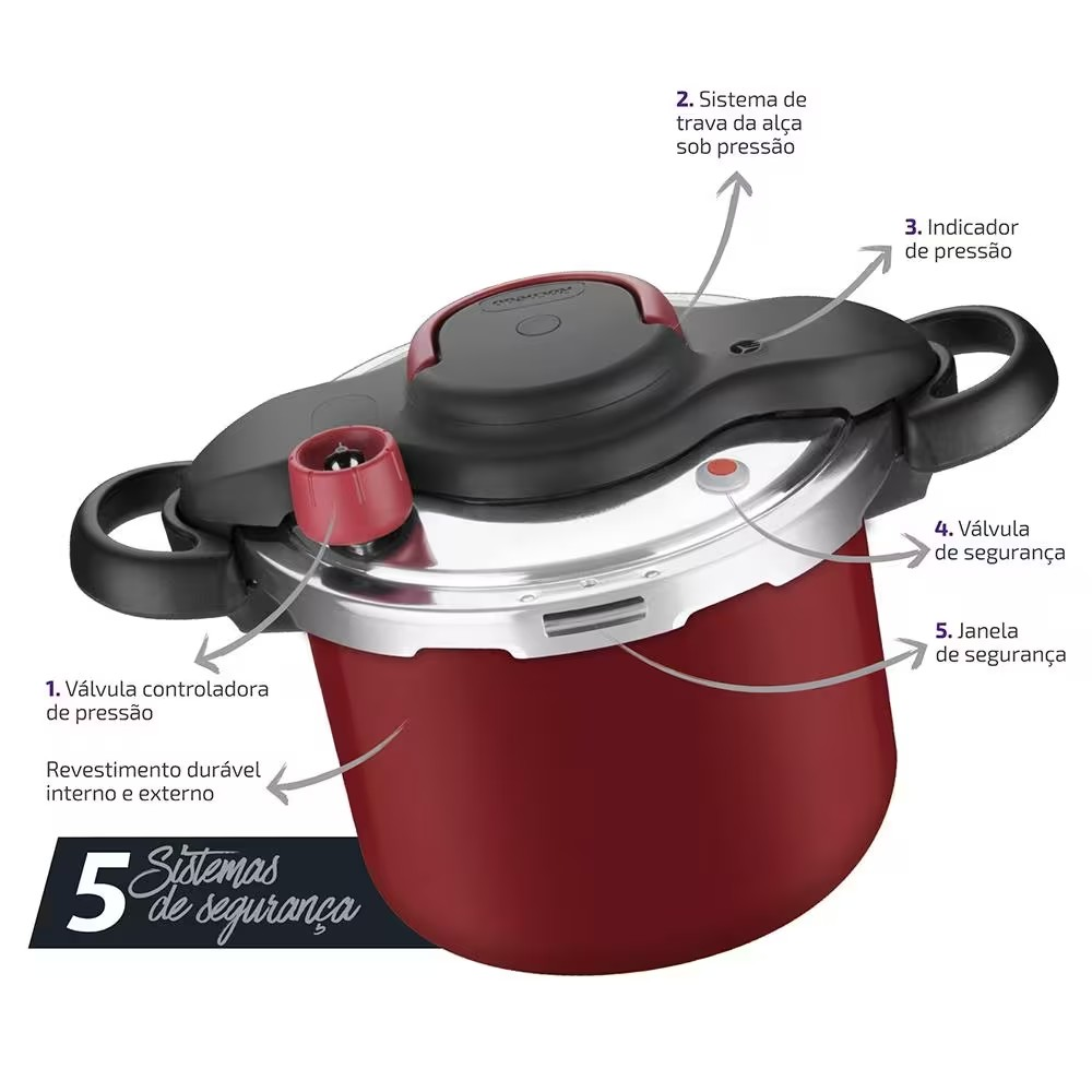 Panela de Pressão 4 5 L Rochedo Clipso Fechamento Externo em Alumínio com Revestimento Antiaderente e 5 Sistemas de Segurança Vermelha - Versátil