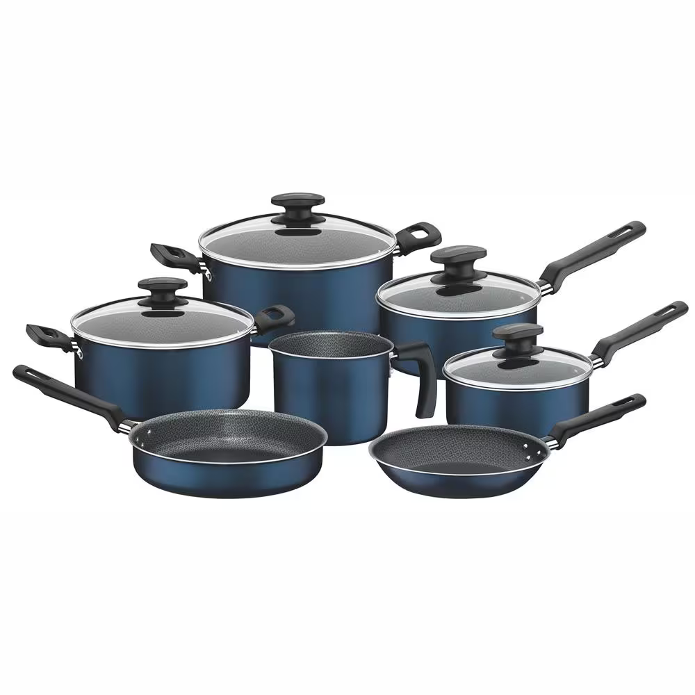 Conjunto de Panelas 7 Peças Tramontina Bergamo com Antiaderente Starflon T1 Tampas de Vidro Temperado e Cabos de Baquelite Azul - Completo