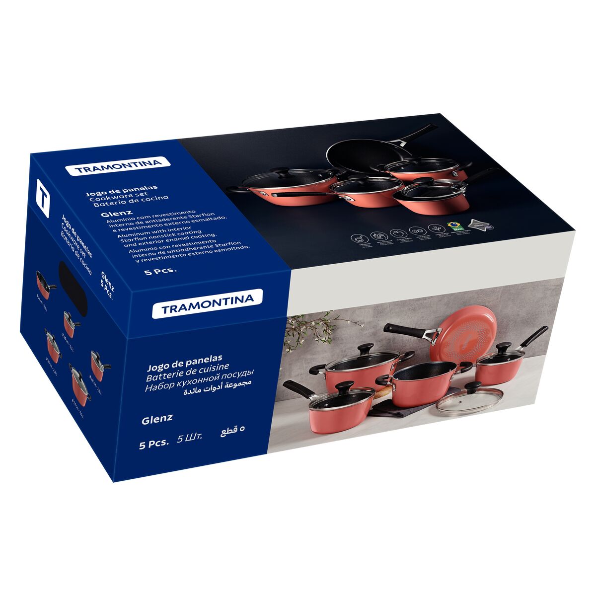 Jogo de Panelas Tramontina Glenz em Alumínio com Revestimento Interno em Starflon Crystals e Externo Esmaltado Cobre Rose 05 Peças - Elegante