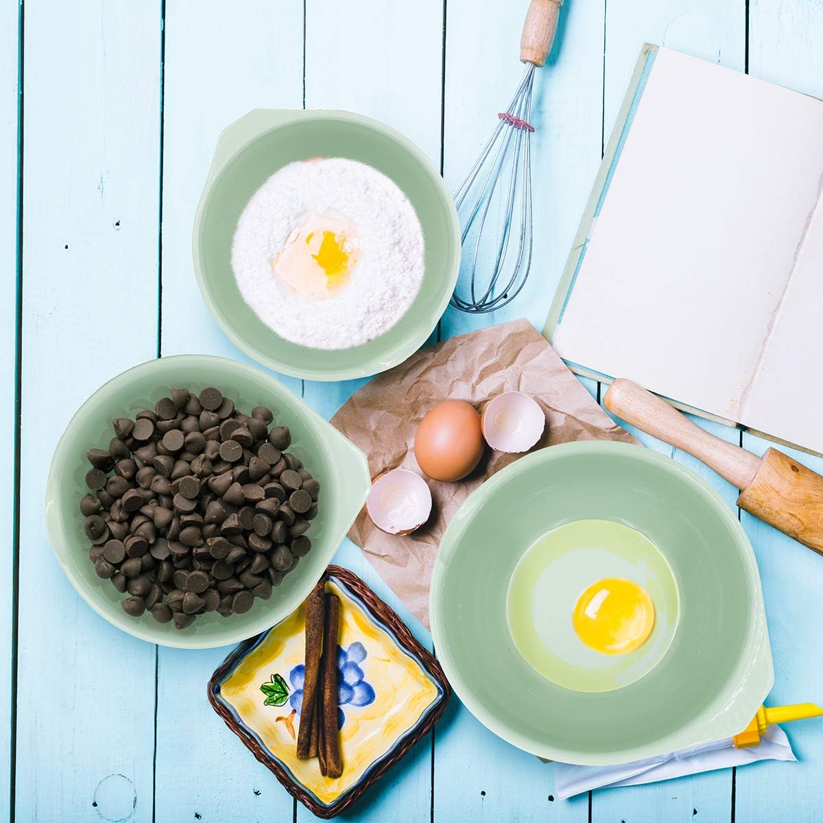 Tigelas Glad de mistura com bico de despejo conjunto de 3 | Design de encaixe poupa espaço | Antiderrapante livre de BPA pode ir à lava louças | Utensílios de cozinha e assar Verde - Versátil