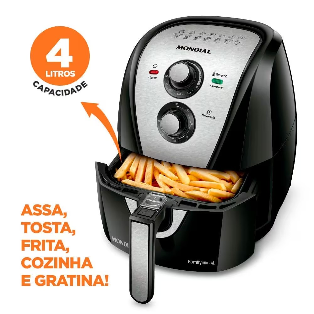 Fritadeira Elétrica Sem Óleo Air Fryer Mondial AFN40BI Family Inox 4L Preta/Inox - Eficiente