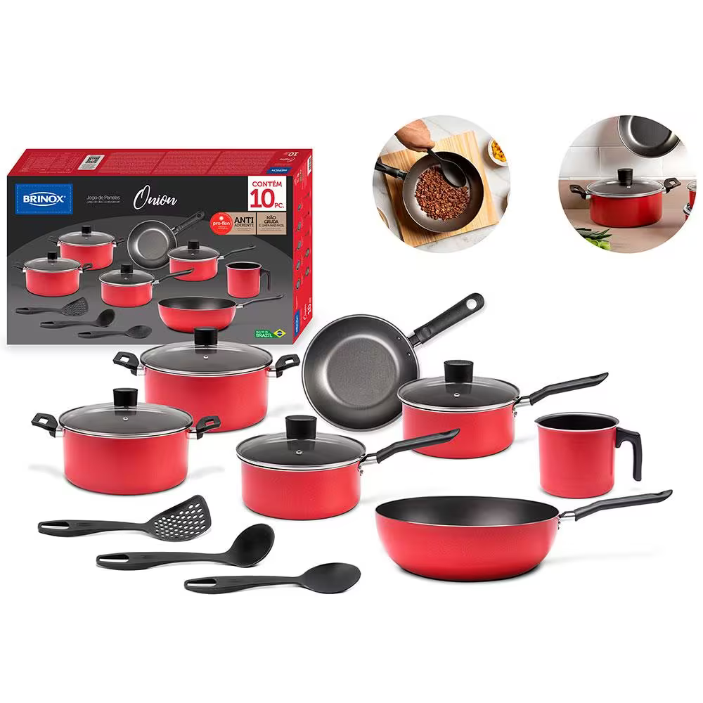 Conjunto de Panelas 10 Peças Brinox Onion em Alumínio e Revestimento Antiaderente com Wok e Utensílios Vermelho - Completo