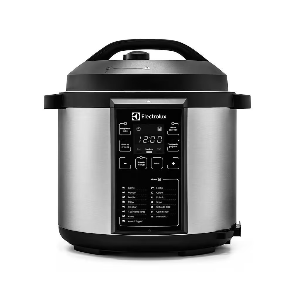 Panela pressão elétrica Electrolux digital capacidade 6L silenciosa segura 10 travas segurança 15 receitas pré programadas 3 níveis pressão PCC20 inox preto 127v por Rita Lobo - Exclusivo
