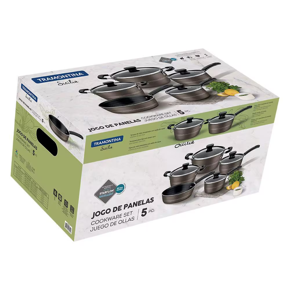 Jogo de Panelas Tramontina Sicília Alumínio Antiaderente Avelã 5 Peças + Colher - Moderno