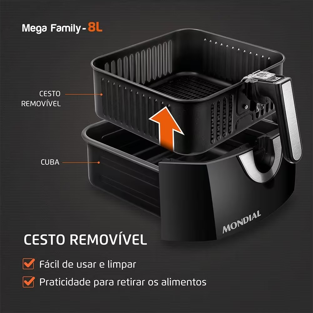 Fritadeira Elétrica Sem Óleo Air Fryer Mondial Mega Family AFN 80 BI 8L – Preta/Inox - Elegante