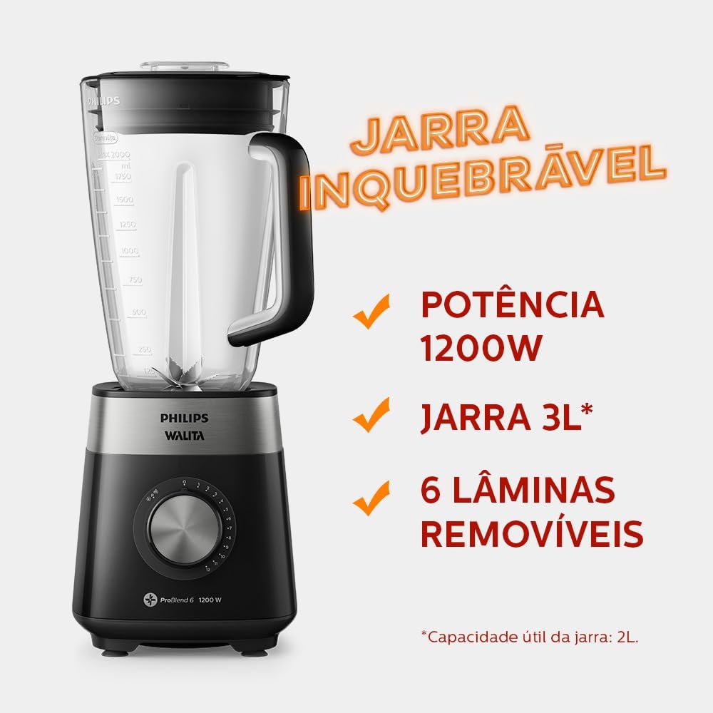 PHILIPS Liquidificador Série 5000 RI2242 Preto Jarra Inquebrável Walita - Elegante