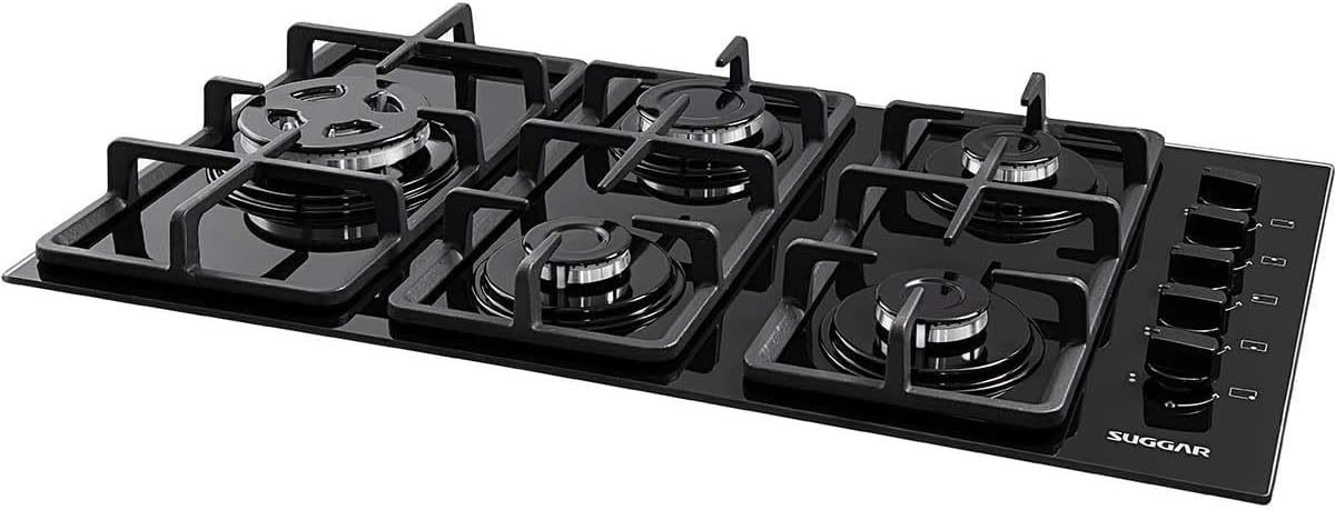 Suggar Cooktop Vidro Preto 5 Queimadores Esmaltados Trempes Ferro Fundido Tripla Chama Lateral FG5335VP - Elegante