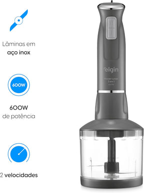 Mixer Power Inox 3 em 1 600W Elgin Lunar 110V Mixer triturador e batedor - Premium