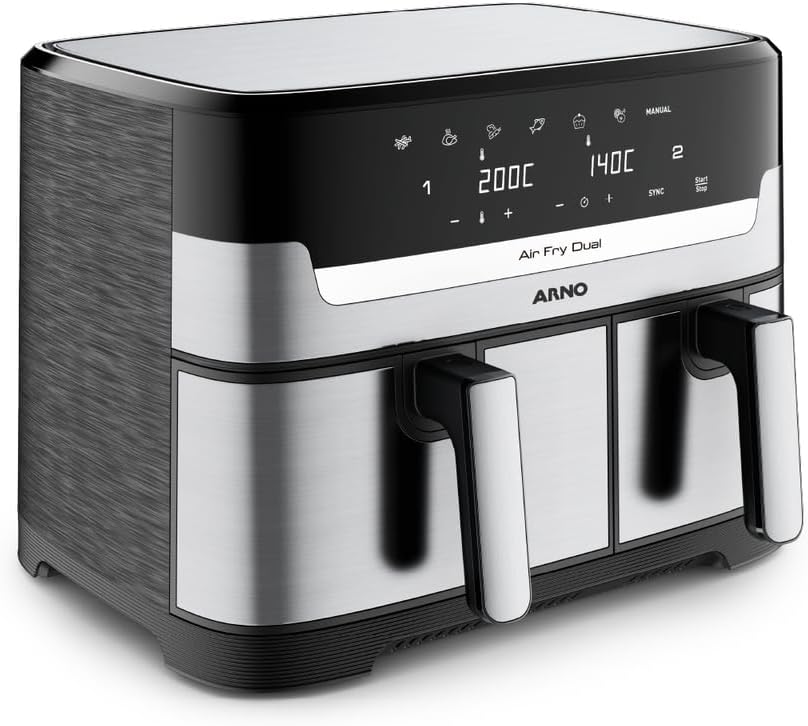 Fritadeira Sem Óleo Air Fryer Arno Dual 8 3L AFD2 Cestos Duplos Independentes Função SYNC Painel Digital Inox 1800W - Premium