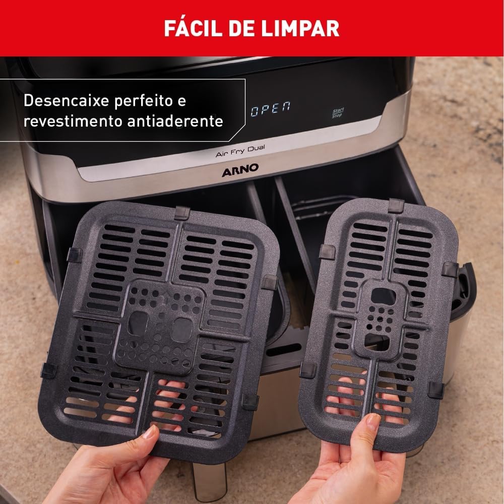 Fritadeira Sem Óleo Air Fryer Arno Dual 8 3L AFD2 Cestos Duplos Independentes Função SYNC Painel Digital Inox 1800W - Premium