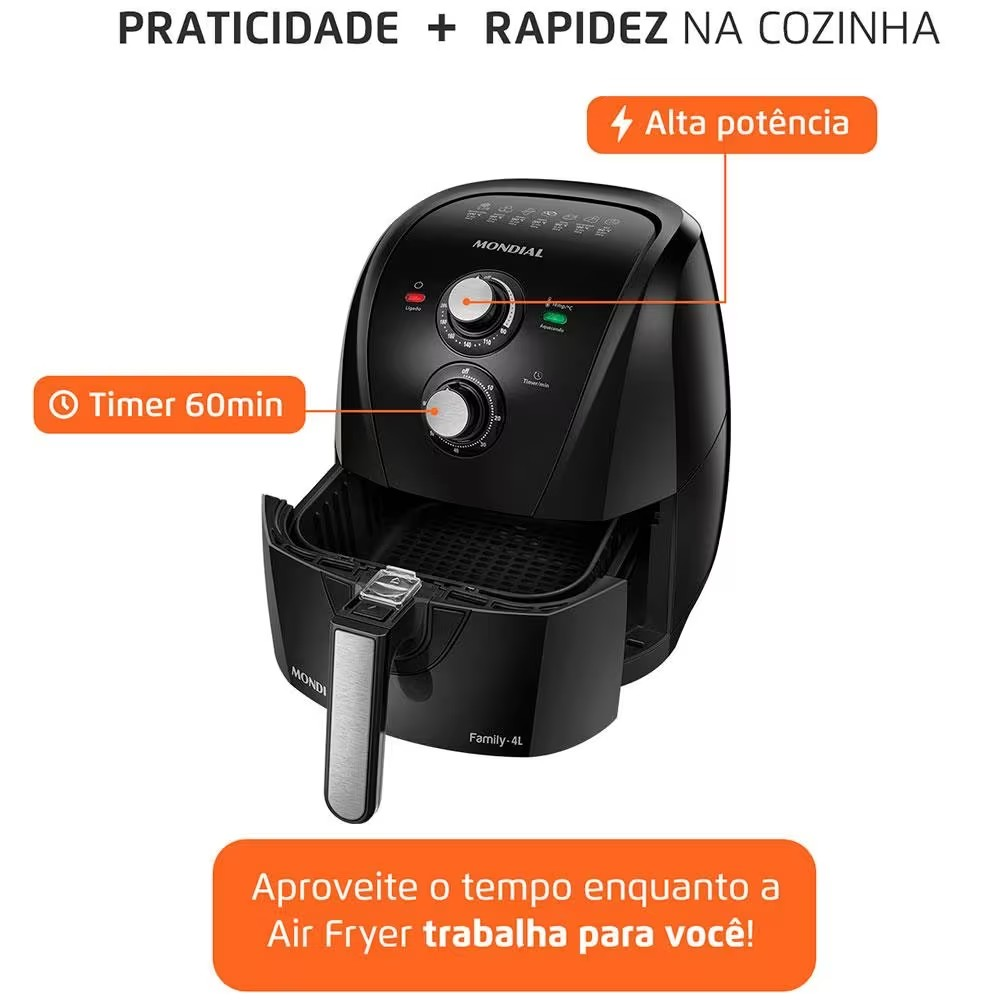 Fritadeira Elétrica Sem Óleo Air Fryer Mondial Family AFN40FB 4 L – Preta - Completo